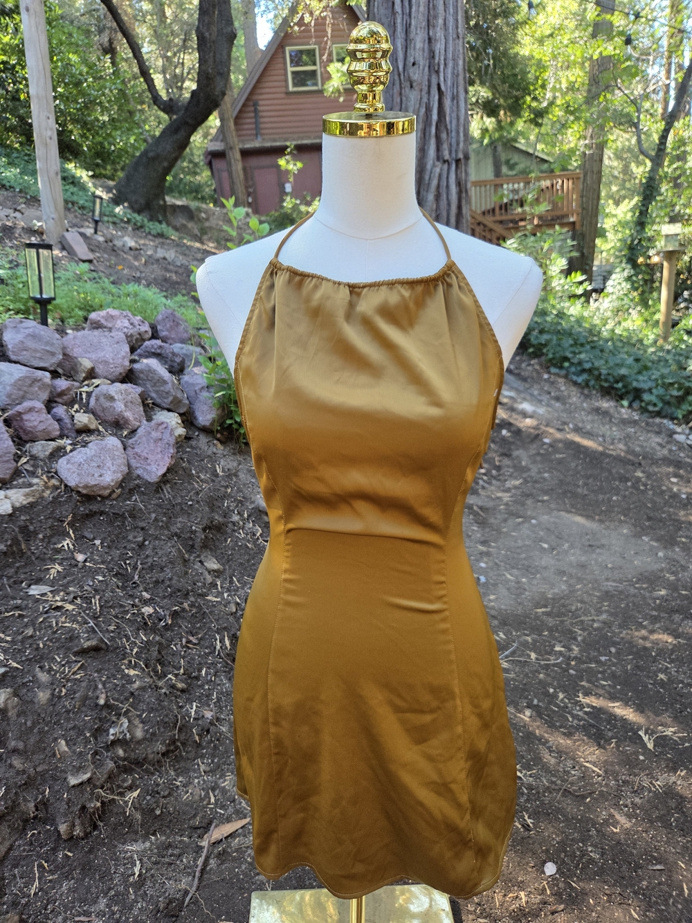 Urban Outfitters Women's Fall Autumn Golden Mustard Halter Satin Mini Dress